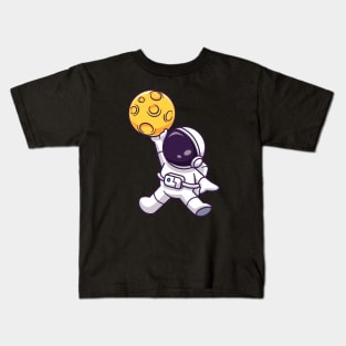 Cute Astronaut Playing Basketball Moon Cartoon Kids T-Shirt